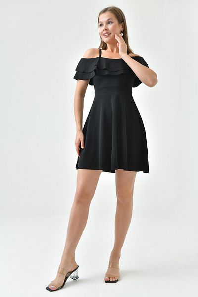 bayansepeti Rochie mini neagră cu bretele subțiri din țesătură creponată 014