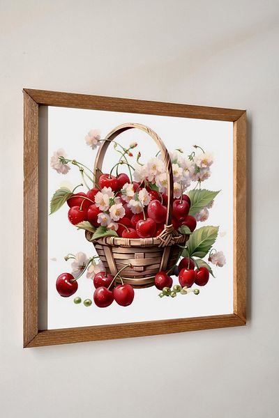 Wooden Factory Ζωγραφική κερασιάς με ξύλινο πλαίσιο, εφέ ακουαρέλας (Τραπέζι με καλάθι κερασιών)