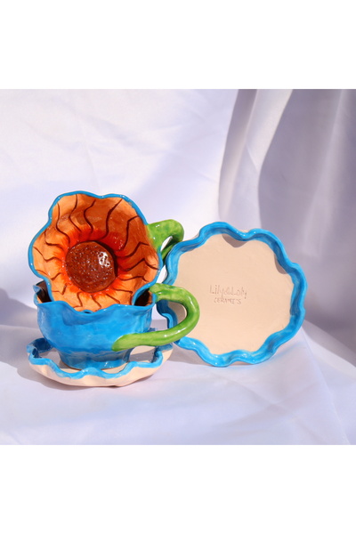 Lily & Loly Ceramics Blue Surprise Flower - Mavi Çiçek El Yapımı Seramik Türk Kahvesi Fincan Seti 2'set ,4 Parça
