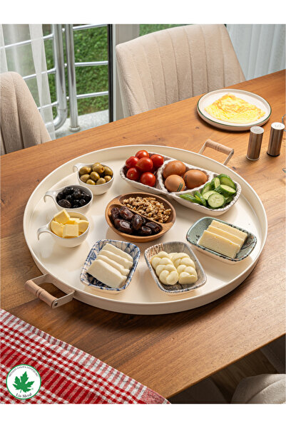 LİNMETAL 51cm Ahşap Kulplu Krem Metal Tepsi Yuvarlak Çay Tepsisi Sunum Tepsis...