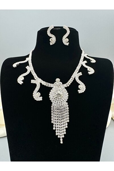 Kadın Abiye Silver Renk Salkım Modelli Kolye Küpe Set