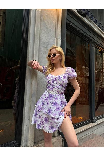 MsLena Butik Model violet - Rochie mini din șifon decoltat la spate, violet El395-221481