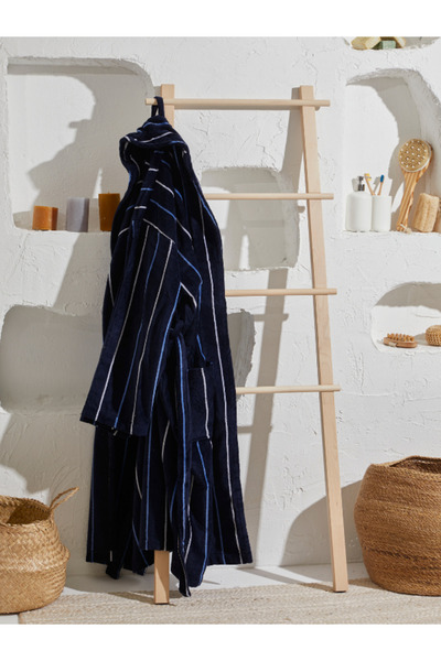 Homelover 100% bavlna Navy Blue Shalyaka Speciální design Bílý pruhovaný pánský župan