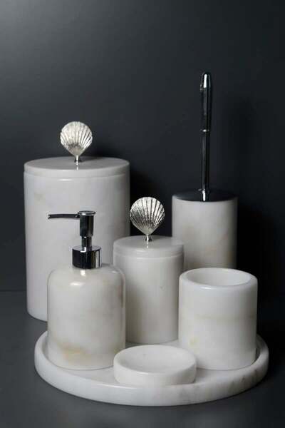 Joy Home Σετ μπάνιου 7 τεμαχίων από λευκό μάρμαρο με ασημί κάλυμμα