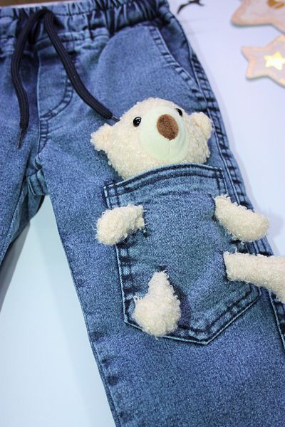 FourClovers Blue Color Boy's Trousers with Teddy Bear and Elastic Waist