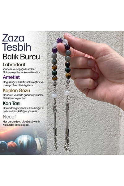 OSMANLI DEĞERLİ TAŞ Balık Burcu Zaza Tesbih Doğal Taş Ametist, Kan Taşı, Kaplan Gözü, Labradorit, Necef