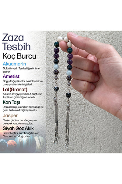 OSMANLI DEĞERLİ TAŞ Koç Burcu Zaza Tesbih Doğal Taş Akuamarin-ametit-lal-kan Taşı-jasper-siyah Göz Akik