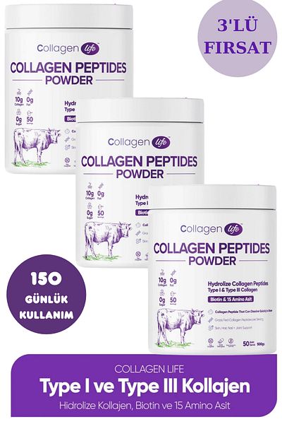 COLLAGEN LIFE 3 Pack Food Supplement Containing Biotin and 15 Amino Acids - Hydrolyzed Collagen Peptides