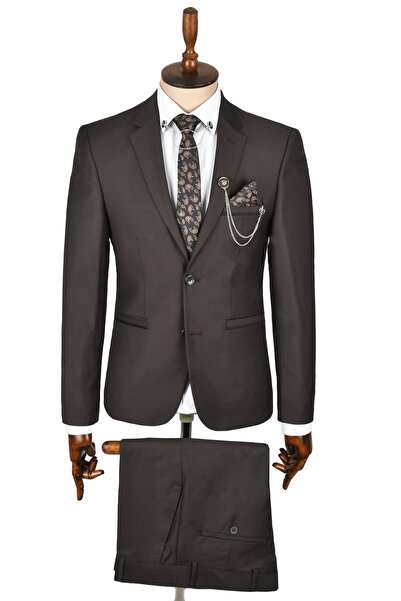 DeepSEA Чоловічий коричневий костюм на подвійному ґудзику з розрізами 2300464