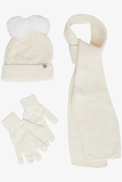 Kitti Набір шарфів і шапок для дівчаток 9-15 років - 3 штуки, з гербом і двома помпонами, екрю