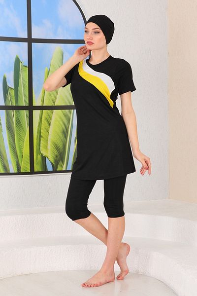 ASLINUR GİYİM Yellow and White Lycra Hijab Swimsuit - Semi Covered
