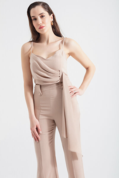 Lafaba Women's Beige Crop Pants Set