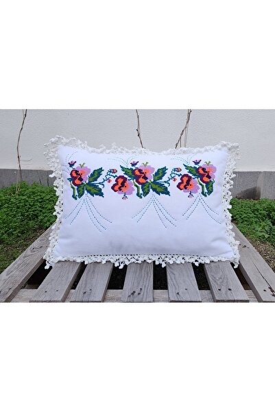 BEGÜLDAN BEYAZ ETEMİN ÜZERİNE EL İŞİ İŞLEME VE EL DANTELİ İLE TURUNCU MENEKŞE...