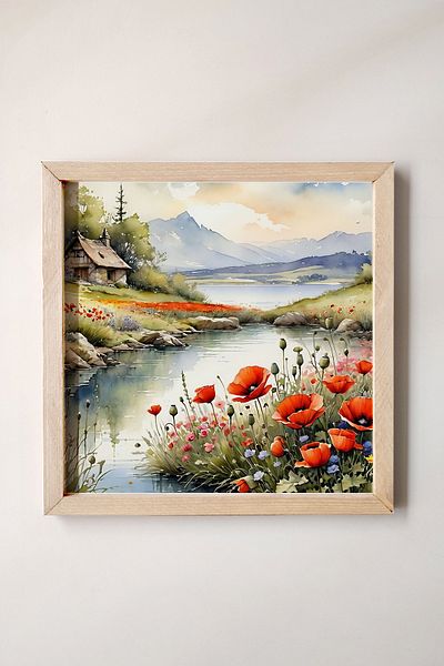 Wooden Factory Cu cadru din lemn, lac cu efect de acuarelă, maci, munte, pictură de peisaj în colibă ​​mică, acuarelă