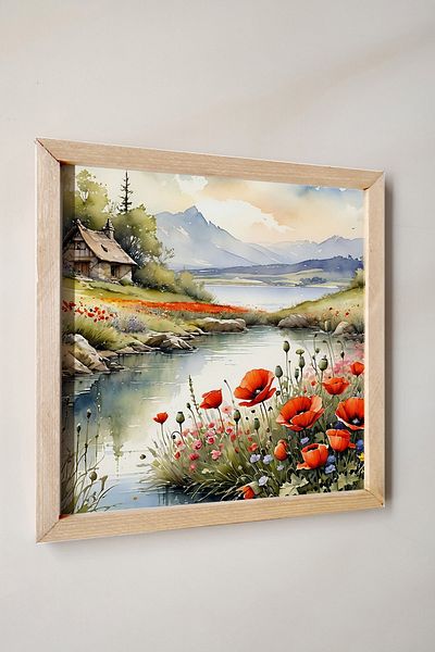 Wooden Factory Cu cadru din lemn, lac cu efect de acuarelă, maci, munte, pictură de peisaj în colibă ​​mică, acuarelă