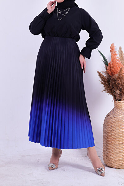 HMT ZEHRA GİYİM Modrá plisovaná letní přechodná sukně 90 cm Saks