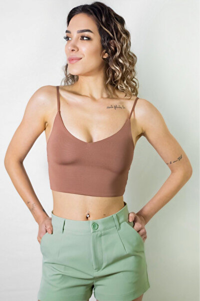 ARESMODA Chestnut Colored V-Neck Crop Blouse - Rope Strap