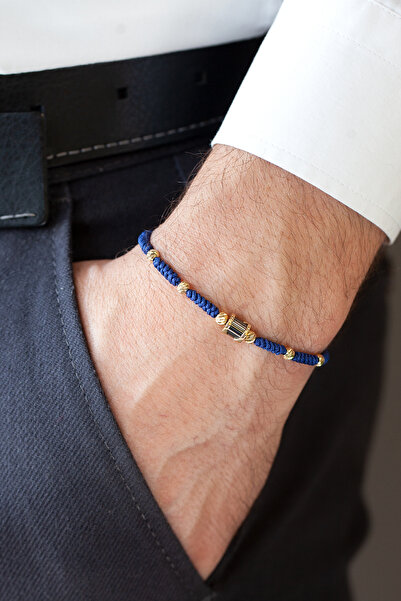 Cenova Jewelry 14 Ayar Altın Dorikalı Mavi İpli Erkek Bileklik