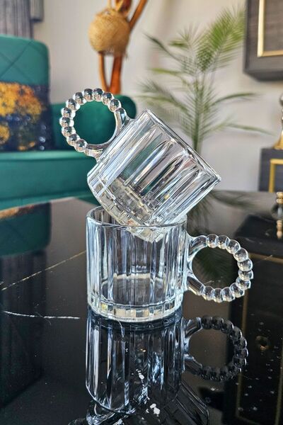 Gülümseten Avm 6-Piece Glass Mug Set with Beaded Handles | Tea Cups with Handles | Beaded Glass Espresso and Beverage Cups