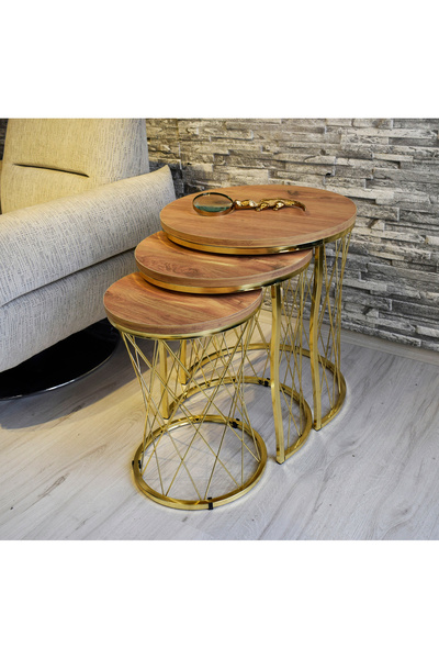 SEDAŞ LIVING UNITS Hasır Telli Açık Ceviz Suntalam Gold Ayak Zigon Sehpa