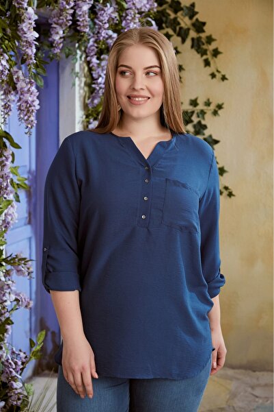 RMG Hakim Yaka Indigo Büyük Beden Bluz