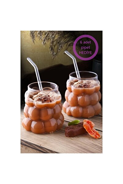 DMR 2 Adet Üzüm Bardak + 6 Adet Cam Pipet HEDİYELİ / Buble Glass / Borosilikat / Sunum Bardağı