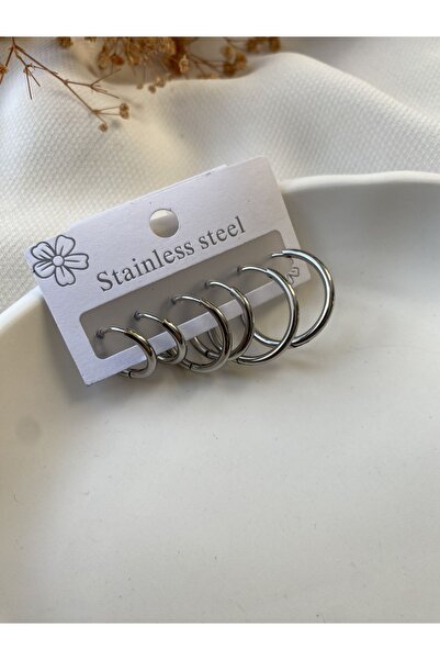 Women's Hexagon Steel Earrings 3 Different Sizes 6-Piece Steel Earrings Silver Color