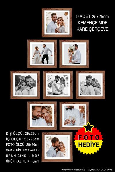 Bytwo 9 Pieces 25X25 Frame - Square Frame - Mdf Kemenche Frame - Multiple Photo Frame Set