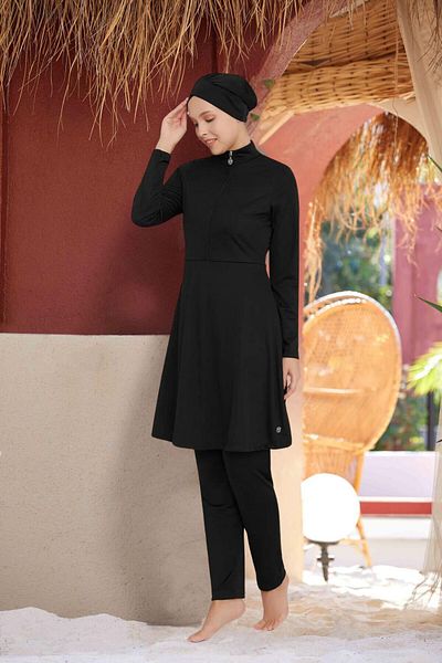 MEBA Μαγιό Lycra Full Covered Black Hijab - Μισό φερμουάρ