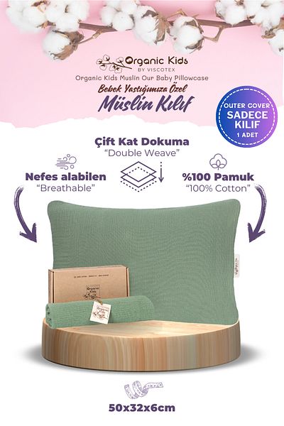 VİSCOTEX Double Layer Muslin Baby Pillowcase, 100% Organic Cotton, 50x32x6 cm