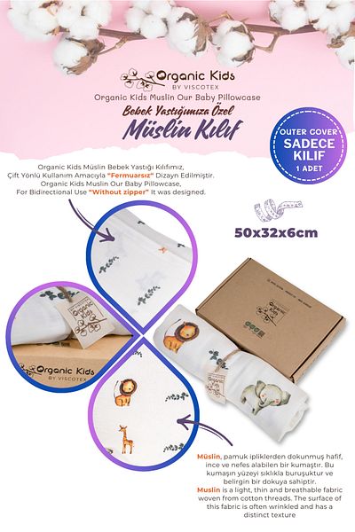 VİSCOTEX Double Layer Muslin Baby Pillowcase, 100% Organic Cotton, Lion Patterned, 50x32x6 cm