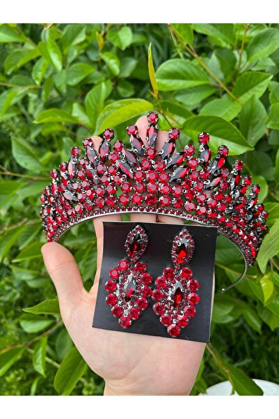 ANZE νυφικό στέμμα και σκουλαρίκι με κρύσταλλο μπορντό