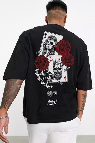 MOONBULL Unisex černé tričko King-Queen Card s potiskem
