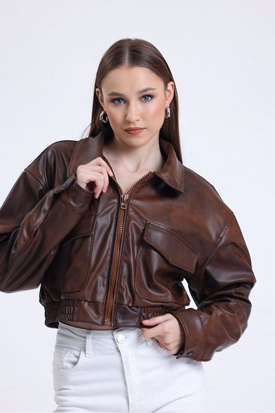 Black Level Women's Leather Oversize Lined Sleeve Snap Button Leather Coat Zipper Closure College Coat Brown