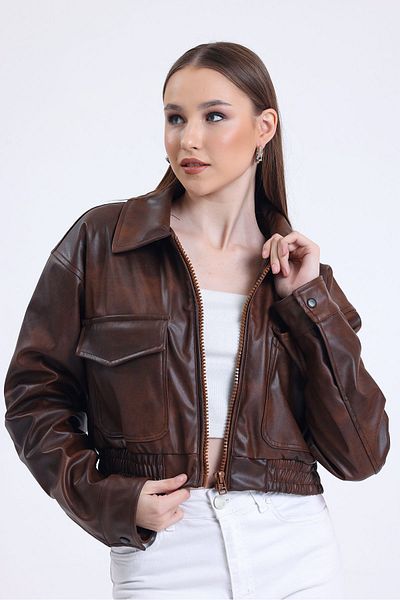 Black Level Women's Leather Oversize Lined Sleeve Snap Button Leather Coat Zipper Closure College Coat Brown
