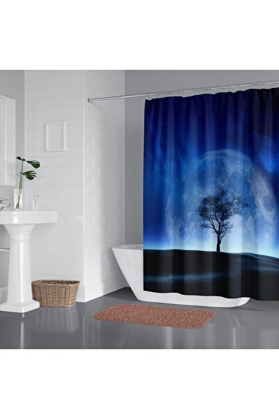 Tropikhome Banyo Duş Perdesi Ay Desen Manzaralı Dijital Baskılı Banyo Perdesi, Tek Kanat C Halkalı-180x200 cm