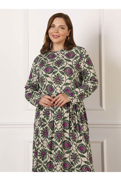 ALİA Plus Size Natural Fabric Floral Patterned Hijab Dress - Fuchsia - Alia