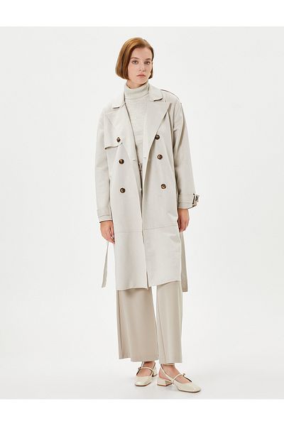 Koton Trench Coat Double Breasted Buttoned Belted Waist Pocket