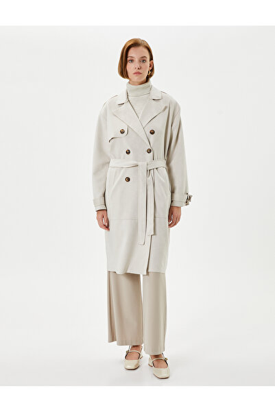Koton Trençkot Kruvaze Düğmeli Beli Kuşaklı Cepli