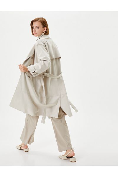 Koton Trench Coat Double Breasted Buttoned Belted Waist Pocket