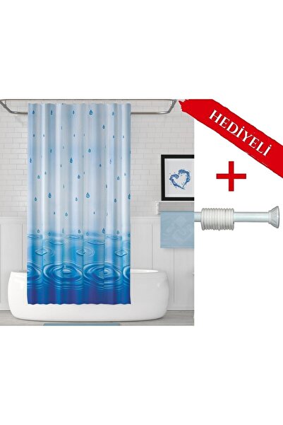 Tropikhome Mavi Banyo Perdesi Askı Hediyeli 180x200cm Tek Kanat Duş Perdesi, ...