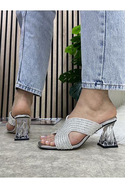 İmerShoes Daily Women's Slippers Silver Jewelled Blunt Toe Thick Transparent Heels Comfortable Sole Lightweight Summer 84
