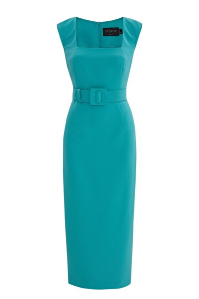 Exquise Kare Yaka Turkuaz Elbise