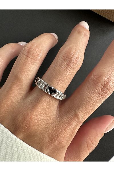 ringbox Silver Color Heart Ring with Black Baguette Stone
