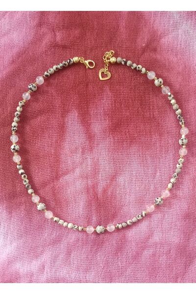 Mudita Tasarım 4/8 Mm Dalmaçya Jasper, 6 Mm Pembe Kuvars Gerçek Doğal Taş Tasarım Kolye