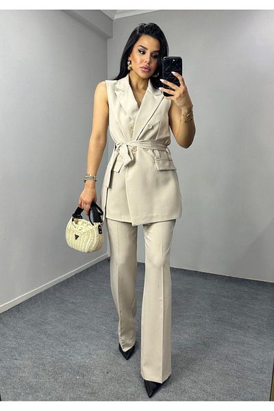 pembekurdelem Women's Belted Vest Trousers Set Stone
