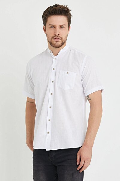 RAVANELLI White Short Sleeve 100% Cotton Linen Shirt - Prevailing Collar
