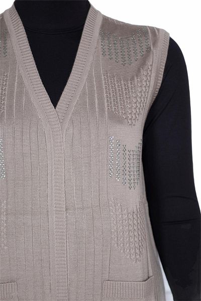 HESNA Women's Nida Stoned Ribbed Knitwear Stone Colored Vest with Shoulder Pocket