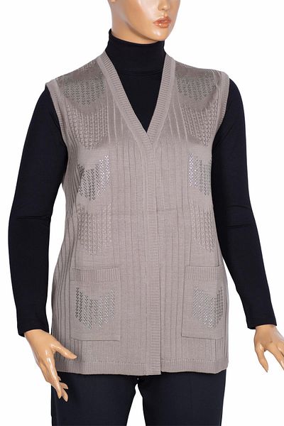 HESNA Women's Nida Stoned Ribbed Knitwear Stone Colored Vest with Shoulder Pocket