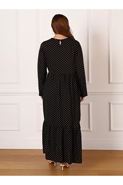 ALİA Plus Size Natural Fabric Polka Dot Patterned Hijab Dress - Black - Beige - Alia